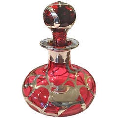 Antique Art Nouveau Red Glass Silver Overlay Perfume Bottle c. 1900
