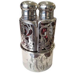 Silver Overlay Perfume Set on Stand Red Color Glass c. 1920