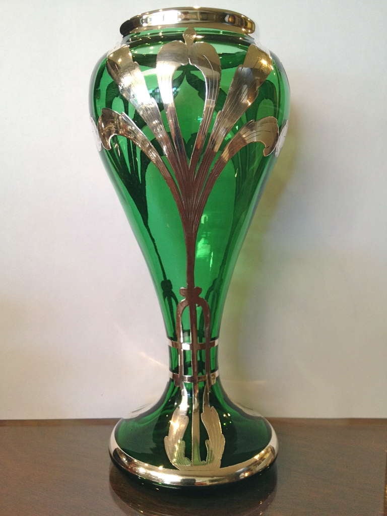 Art Nouveau Green Glass Silver Overlay Vase c.1900