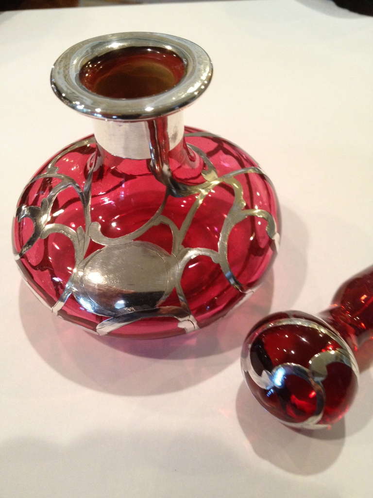American Art Nouveau Red Glass Silver Overlay Perfume Bottle c. 1900