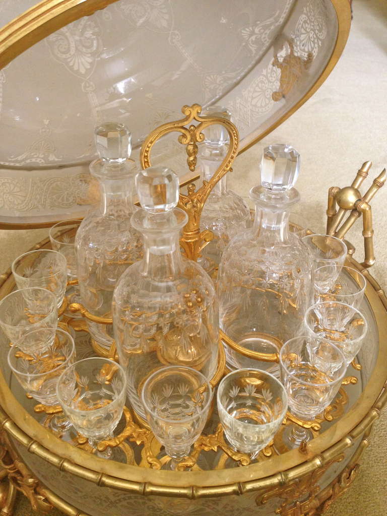 French 19th Century Tantalus, Acid Etched Crystal and Gilt Bronze Mounts In Excellent Condition For Sale In Redding, CA