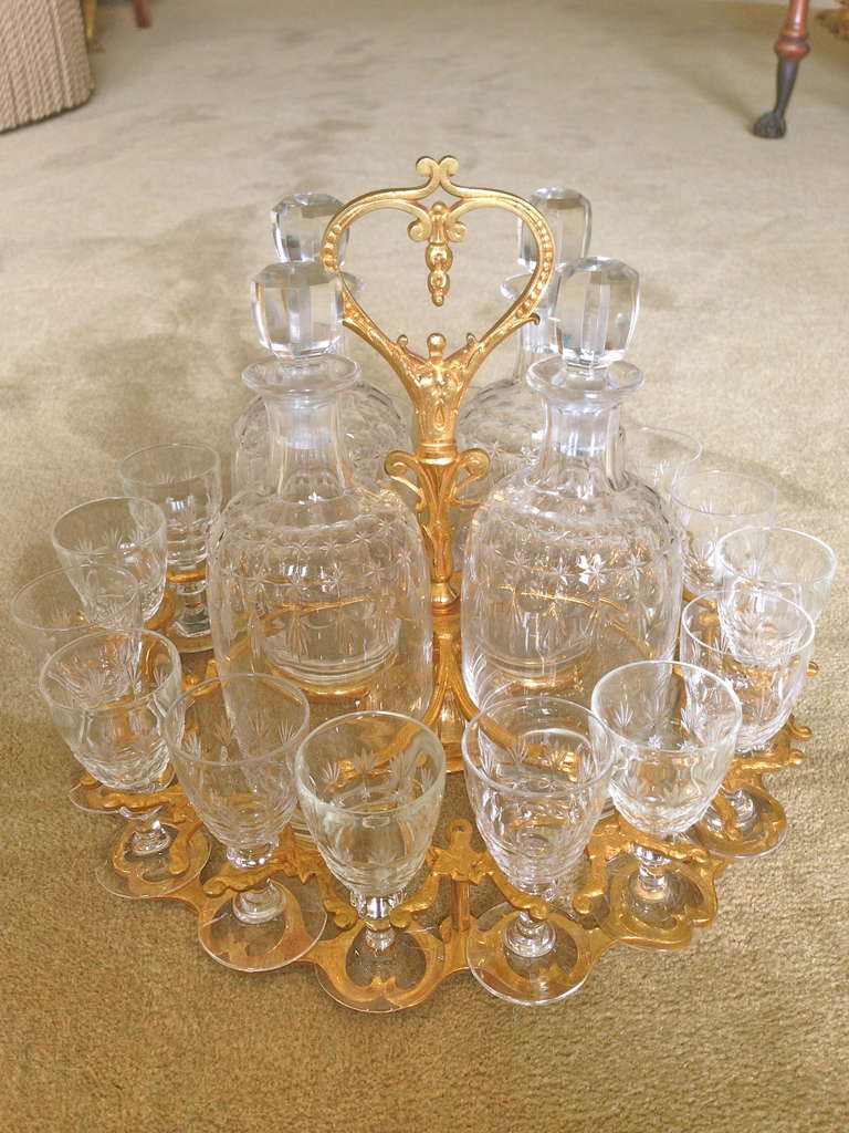 French 19th Century Tantalus, Acid Etched Crystal and Gilt Bronze Mounts For Sale 4