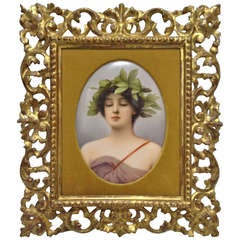 Antique German Painting on Porcelain Plaque titled Ivy c.1900