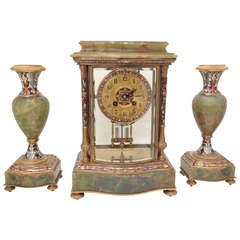 French Champleve Enamel Gilt Bronze and Onyx Clock Garniture c1900