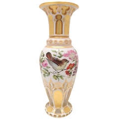 Bohemian Overlay Glass Vase w/ Expertly Painted Birds and Flowers c 1890