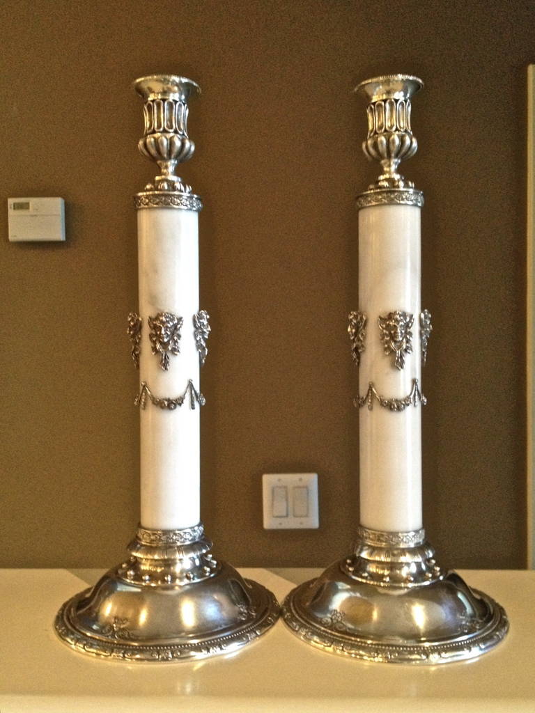 Very Rare Pair of American Sterling and Marble Candlesticks by Towle, circa 1900