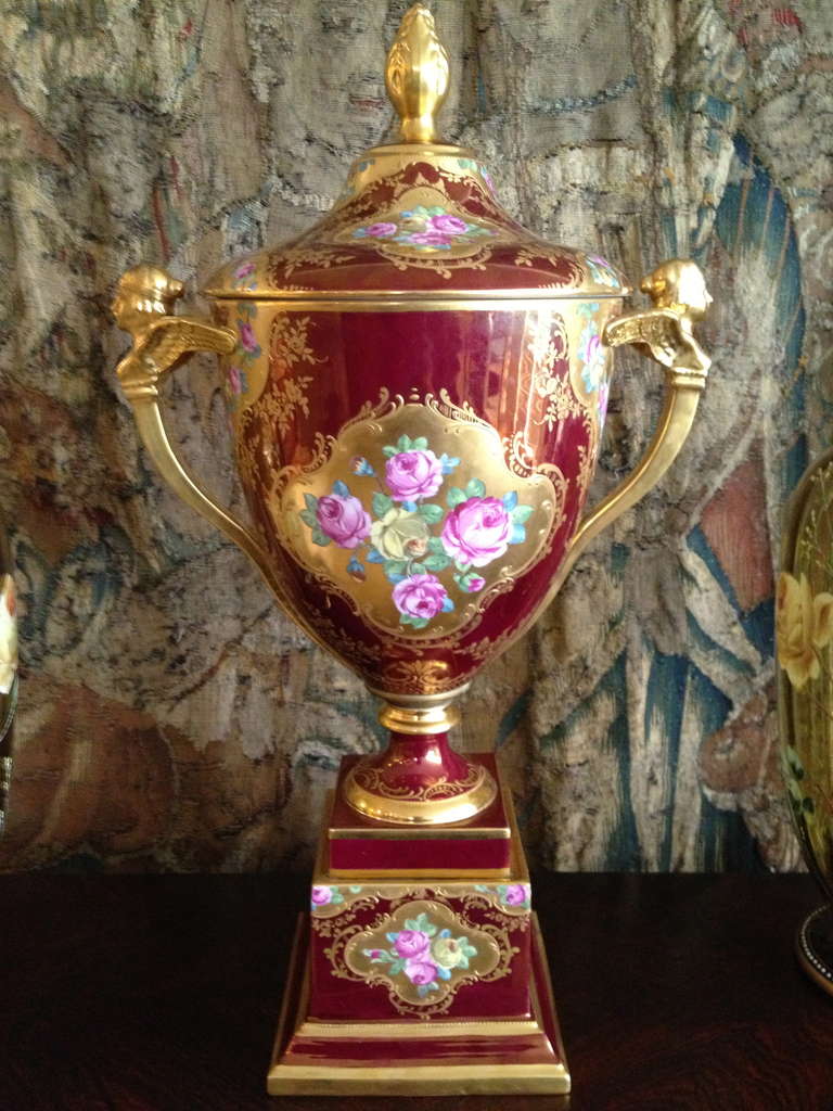 Austrian Large Red Iridescent Royal Vienna Style Vase w/ Painted Scene c. 1900