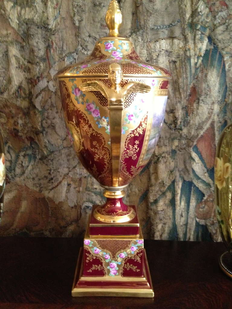 Large Red Iridescent Royal Vienna Style Vase w/ Painted Scene c. 1900 3