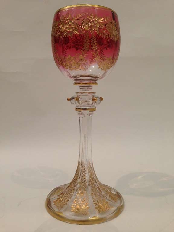 20th Century Ten Moser Gilt Decorated Etched Wines Cranberry to Clear c. 1900