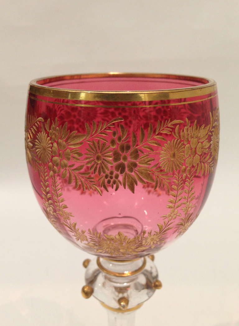 Austrian Ten Moser Gilt Decorated Etched Wines Cranberry to Clear c. 1900