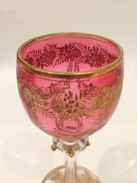 Ten Moser Gilt Decorated Etched Wines Cranberry to Clear c. 1900 1