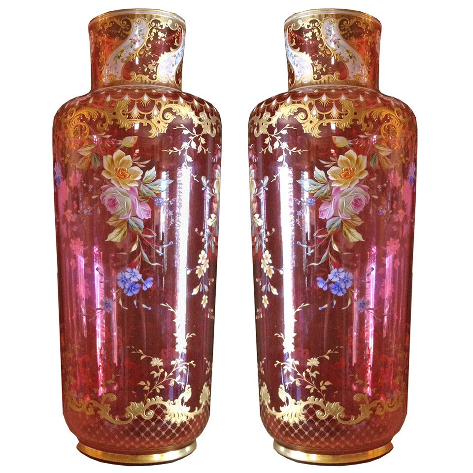 Large Exhibition Pair of Moser Enameled Vases Gilt Highlights at 1stDibs