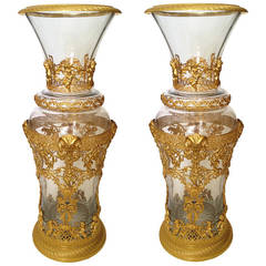 Imposing Pair of French Crystal and Gilt Bronze Vases Attributed to Baccarat
