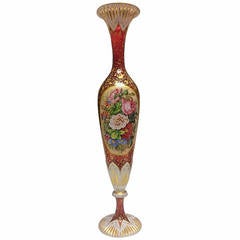 Monumental Bohemian Cranberry Enameled Gilt Vase with Painted Flowers