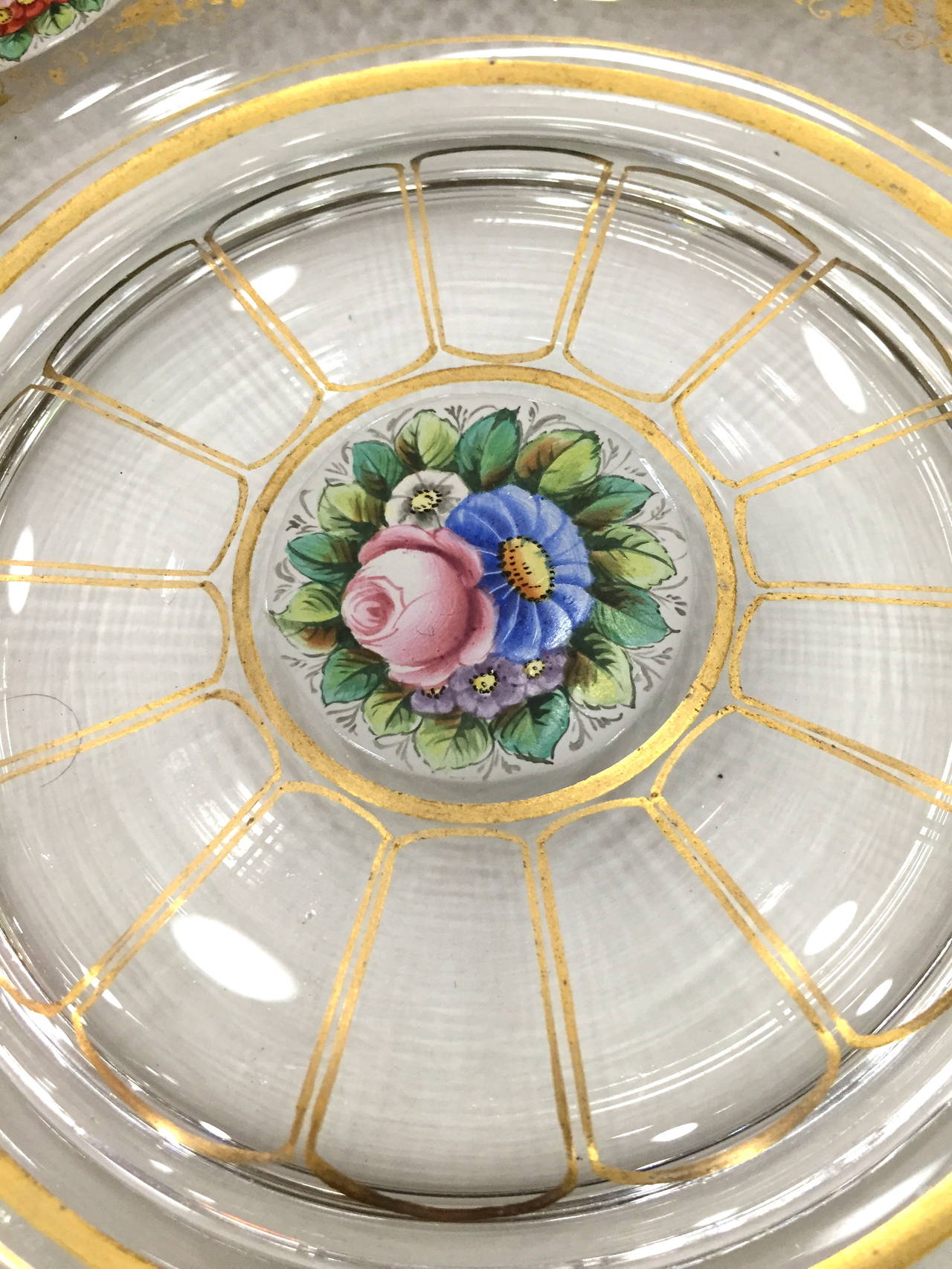 Painted Rare Set of 12 Moser Glass Service Plates, circa 1900 For Sale