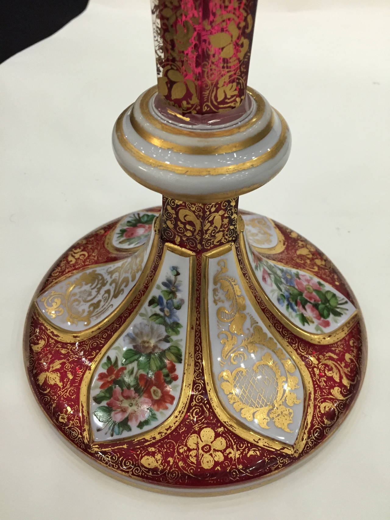  Antique Bohemian Overlay Glass Vase Painted Flowers, circa 1900 Large In Excellent Condition For Sale In Redding, CA