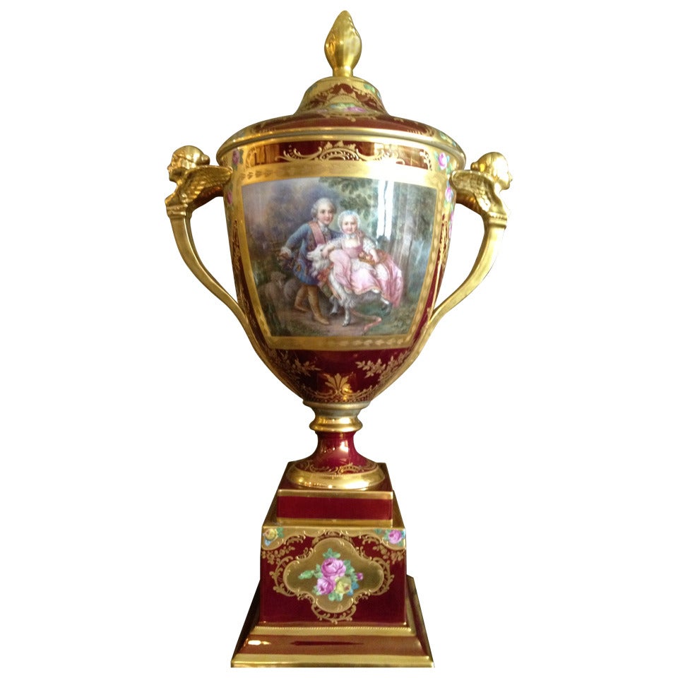 Large Red Iridescent Royal Vienna Style Vase w/ Painted Scene c. 1900