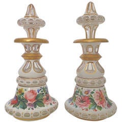 Bohemian Overlay Glass Colognes Handpainted Flowers 19th Century Bohemian Overlay Glass Colognes Handpainted Flowers 19th Century
