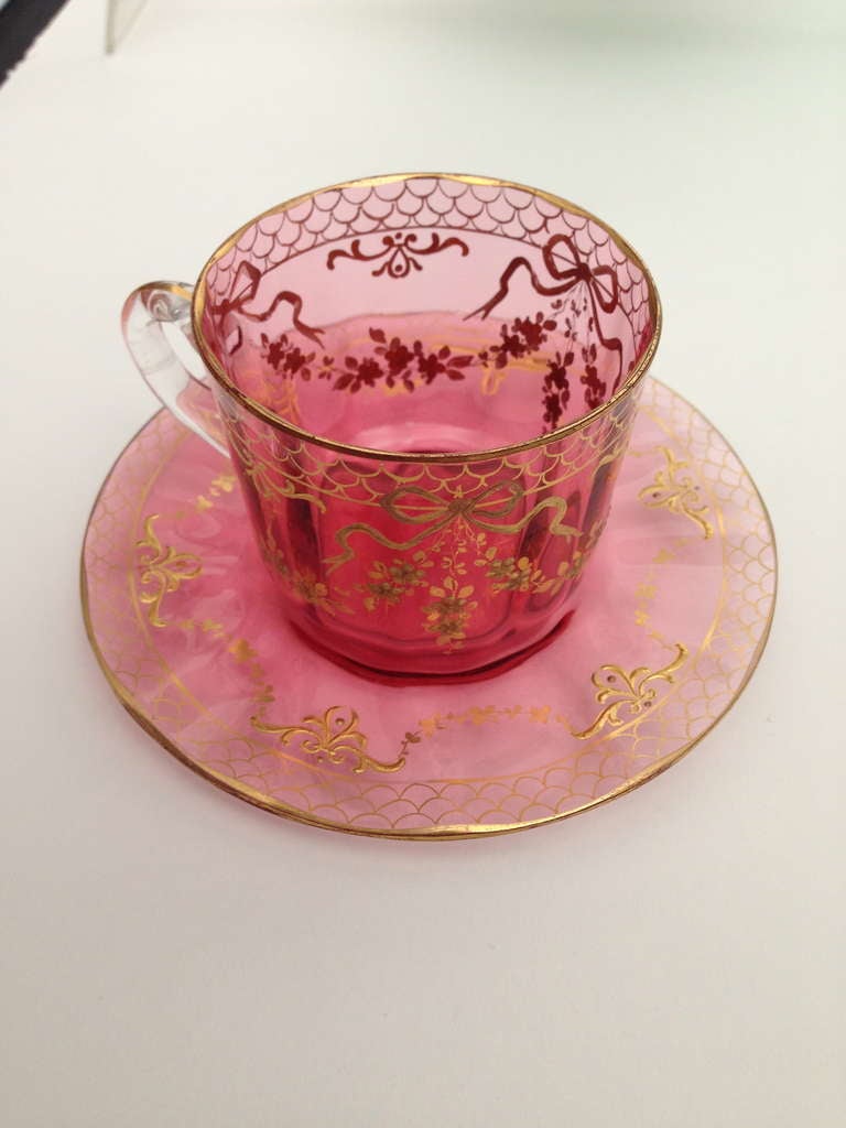 Assorted Set of Six Moser Cups and Saucers c. 1900