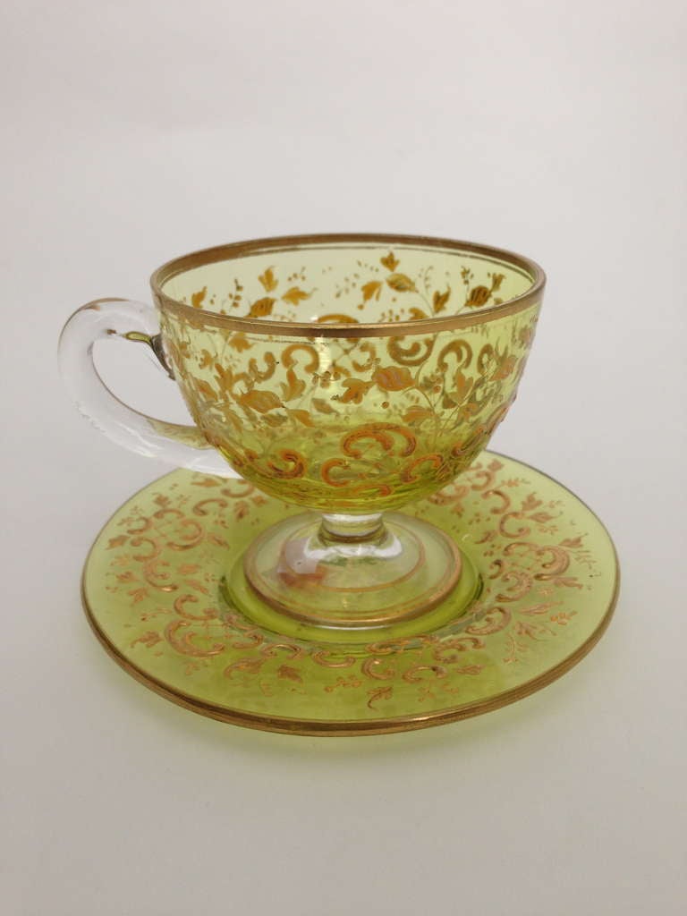 Set of Six Individual Moser Cups and Saucers Gilt and Enameled c.1900