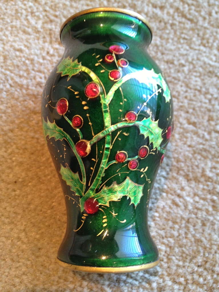 Miniature French Limoges Enamel Vase Holly Decoration c.1900