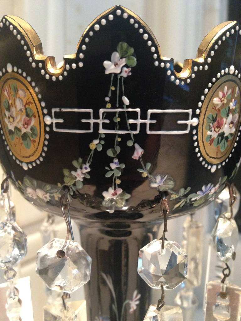 Exceptional Moser Enameled Gilt Decorated Lusters Rare Black Glass circa 1900