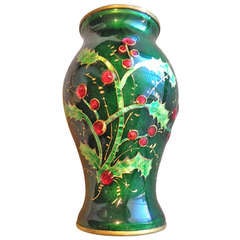 Miniature French Limoges Enamel Vase Holly Decoration c.1900