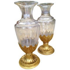 Classic Taste Gilt Mounted Etched Crystal Vases Signed c.1940s Classic Taste Gilt Mounted Etched Crystal Vases Signed c.1940s
