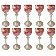 Ten Moser Gilt Decorated Etched Wines Cranberry to Clear c. 1900