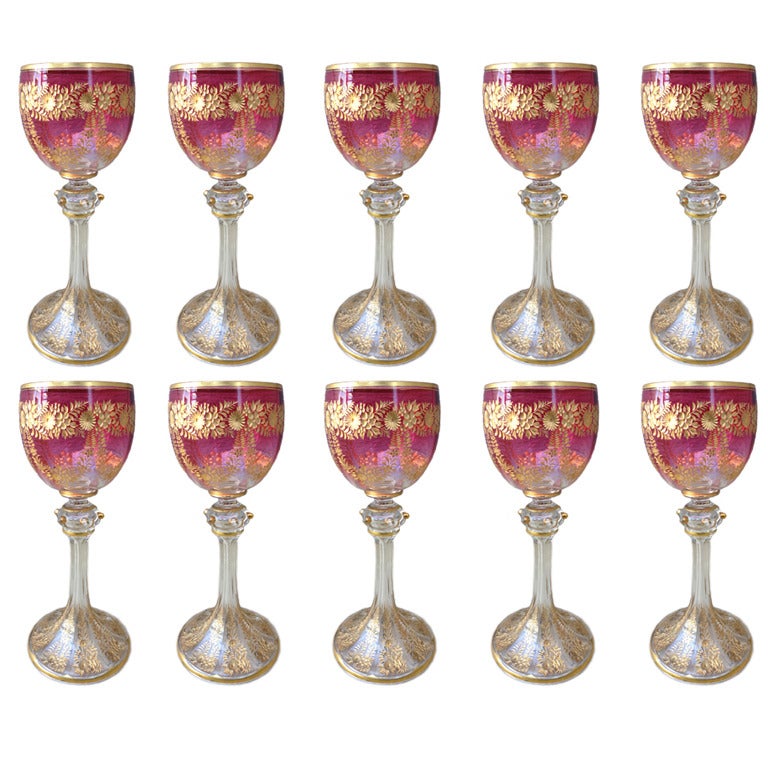 Ten Moser Gilt Decorated Etched Wines Cranberry to Clear c. 1900