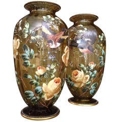 Monumental Pair of Amber Color Moser Enameled Vases c.1900