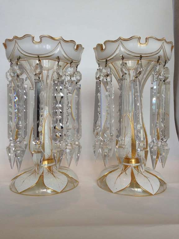 Unique and rare pair of white and clear color Bohemian glass lusters the shape with the oversized top are not often seen, they really have that overall flora form design Art Nouveau in taste, the gilt highlights slightly worn are emulating leaf