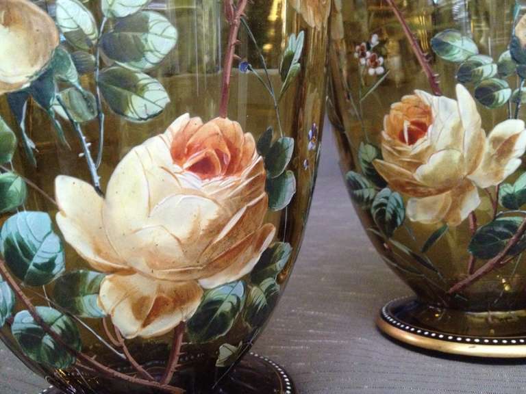 Austrian Monumental Pair of Amber Color Moser Enameled Vases c.1900