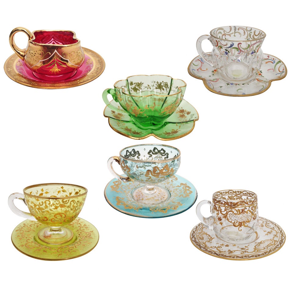 Set of Six Individual Moser Cups and Saucers Gilt and Enameled c.1900