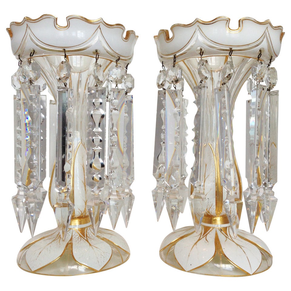 Rare Pair of Bohemian Two Color Overlay Glass Lusters 19thc.