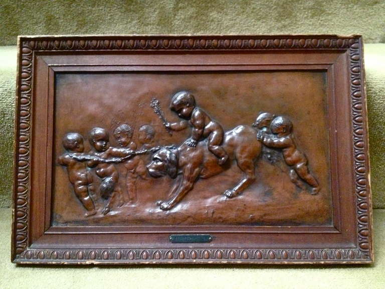 French Patinated Bronze Plaques Playful Putti, 19th Century
