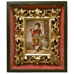 Wonderful German Porcelain Plaque Boy with Monkey, circa 1800 Wonderful German Porcelain Plaque Boy with Monkey, circa 1800