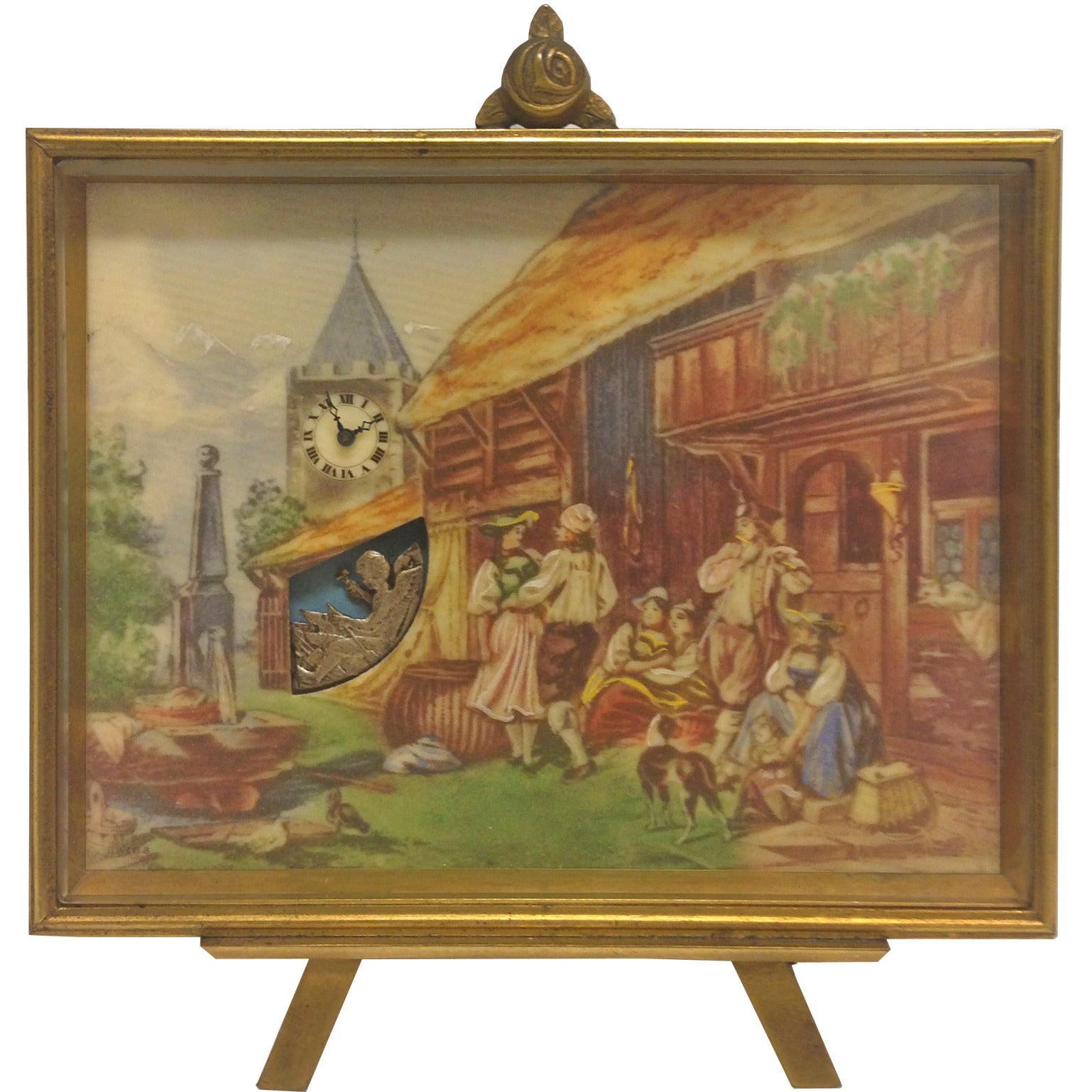 Mechanical Swiss Clock with Miniature Painting, circa 1930s For Sale