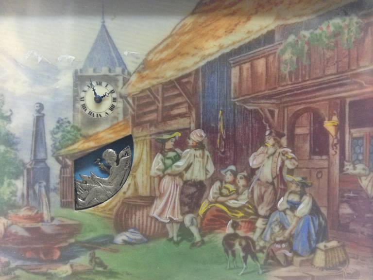 Glass Mechanical Swiss Clock with Miniature Painting, circa 1930s For Sale