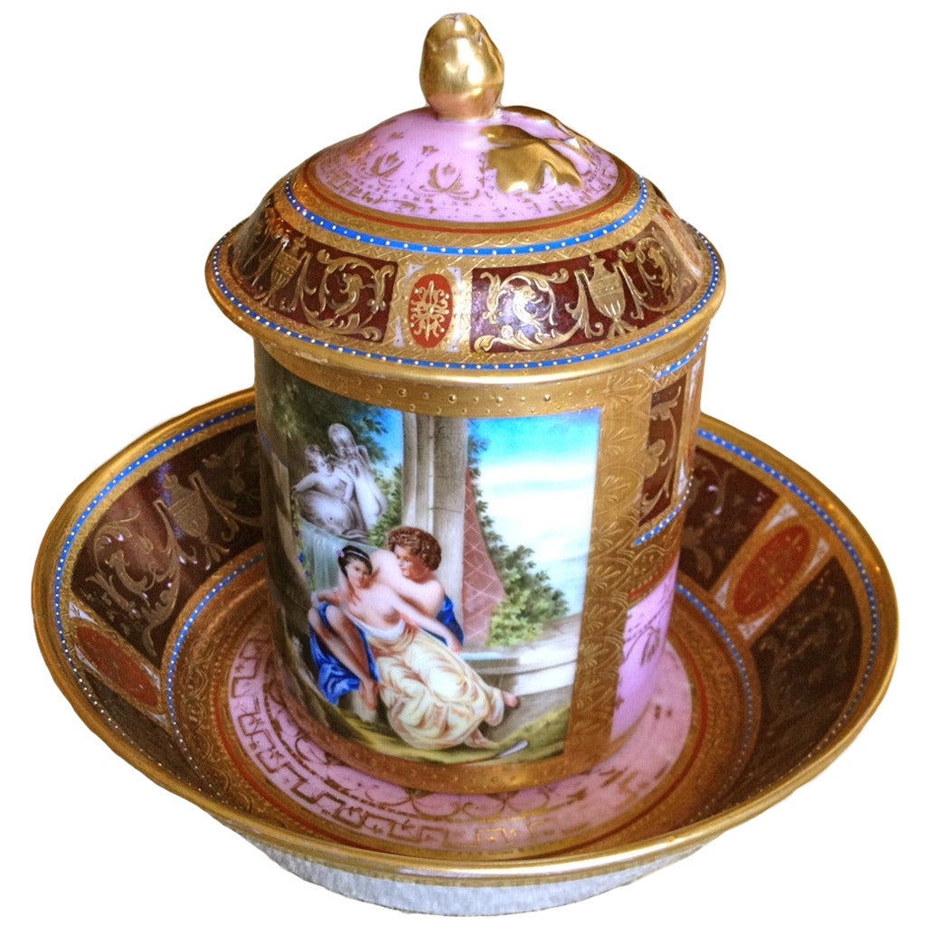 Royal Vienna Covered Can and Saucer with Mythological Subject, 19th Century