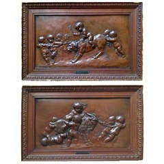 French Patinated Bronze Plaques Playful Putti, 19th Century