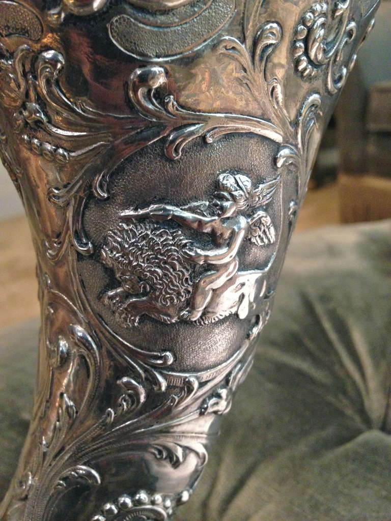 19th Century German 800. Silver Cornucopia Vase Putti with Bird In Excellent Condition In Redding, CA