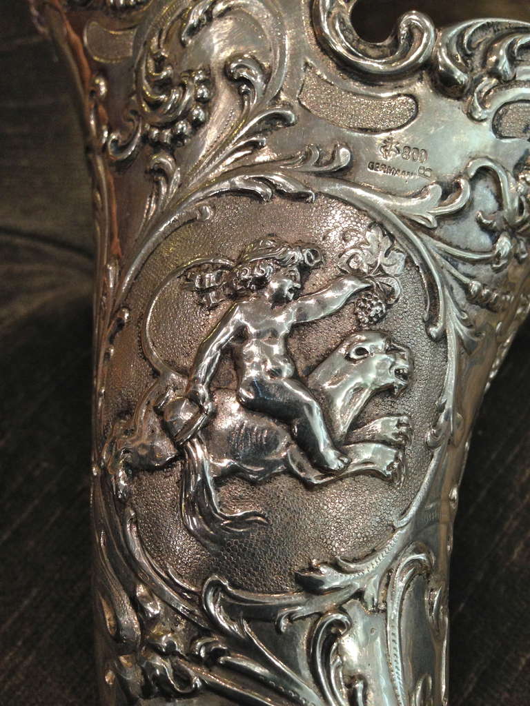 19th Century German 800. Silver Cornucopia Vase Putti with Bird 3