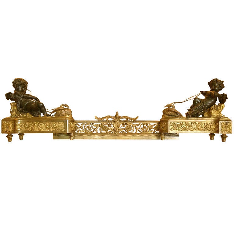 French Gilt and Patinated Bronze Chenet 19thc Cherubs and Swans