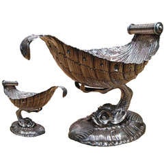 Pair of Continental Silver over Bronze Compote Stands Sea Motif 19th Century
