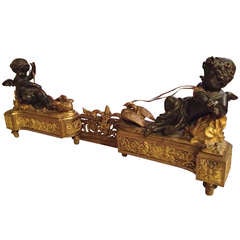 French Gilt and Patinated Bronze Chenet 19thc Cherubs and Swans