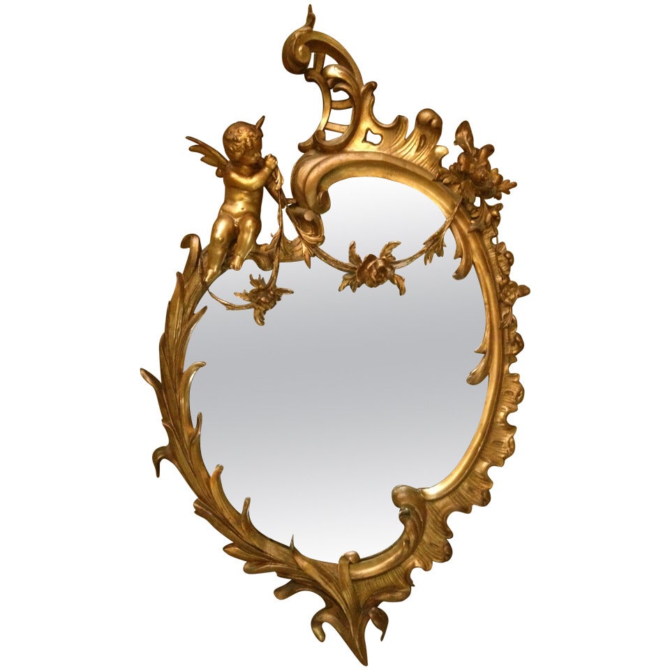 French Carved Gilt Cartouche-Shaped Belle Europe Mirror with Putti, 19th Century