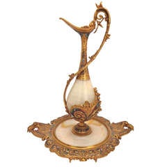 Exceptional French 19thc Champleve Enamel and Oynx  Ewer on Stand