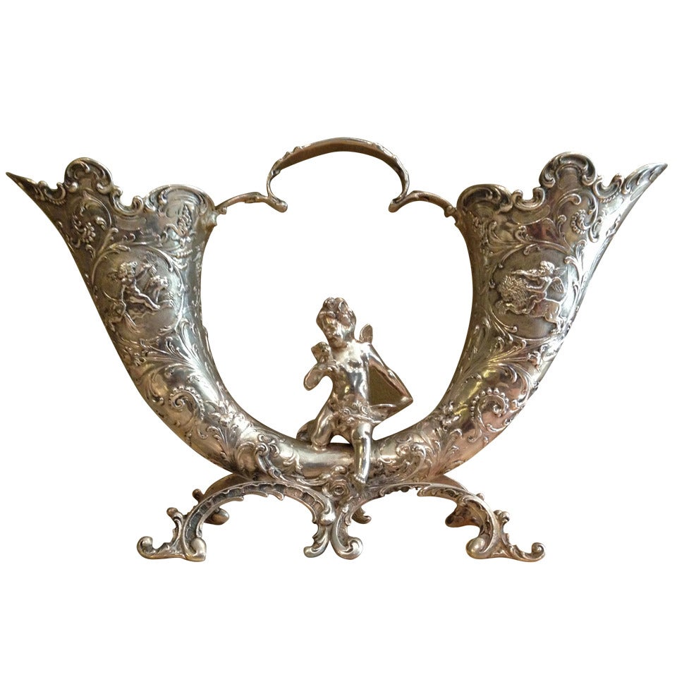 19th Century German 800. Silver Cornucopia Vase Putti with Bird