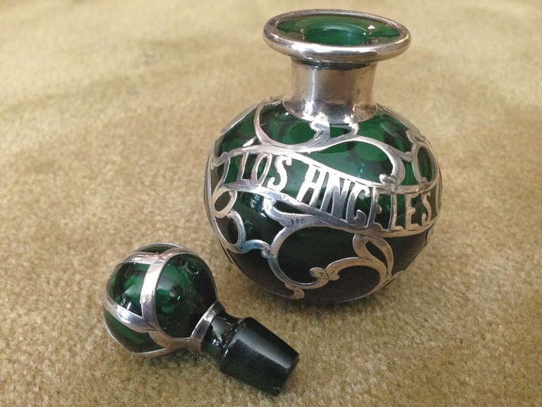 Art Nouveau I Love LA Sterling Silver Overlay Perfume BottleI Emerald Green c.1900
